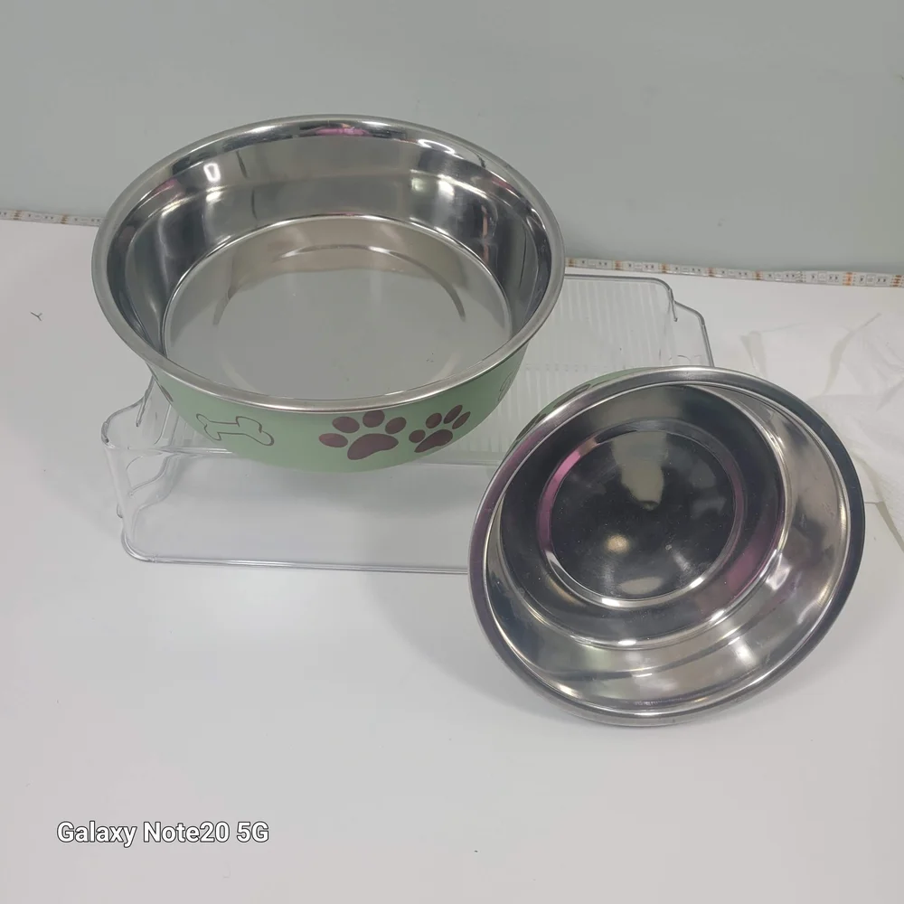 Stainless Steel Dog Bowls with Green and Red Paw Print Design